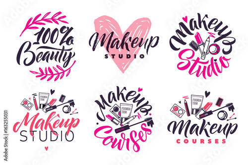 Makeup Studio and Courses Vector Logo Set. Illustration of cosmetics. Lettering illustration