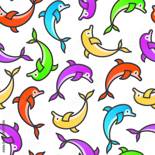 Seamless bright childish pattern with jumping dolphins. Thin line vector illustration for background.