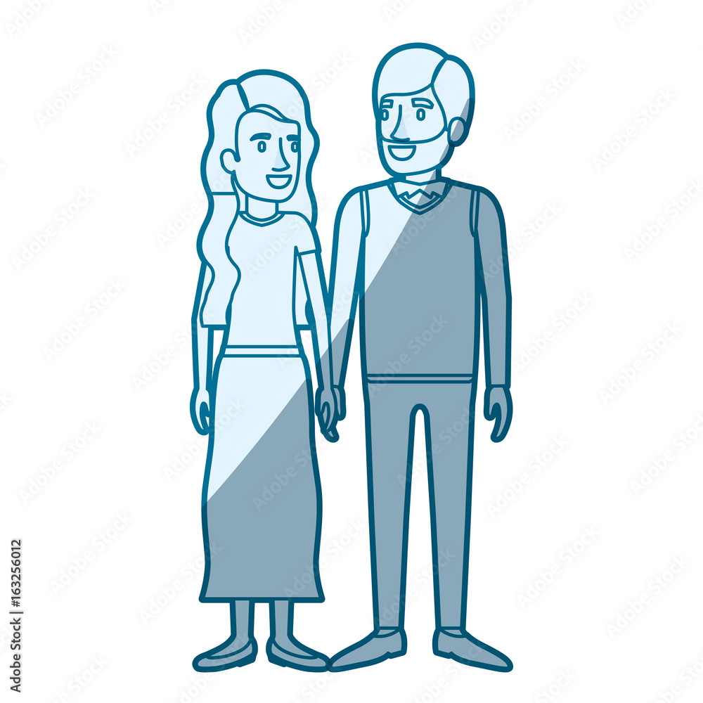 custom made wallpaper toronto digitalblue color silhouette shading of man and woman standing and her with long wavy hair and him in formal clothes and beard vector illustration
