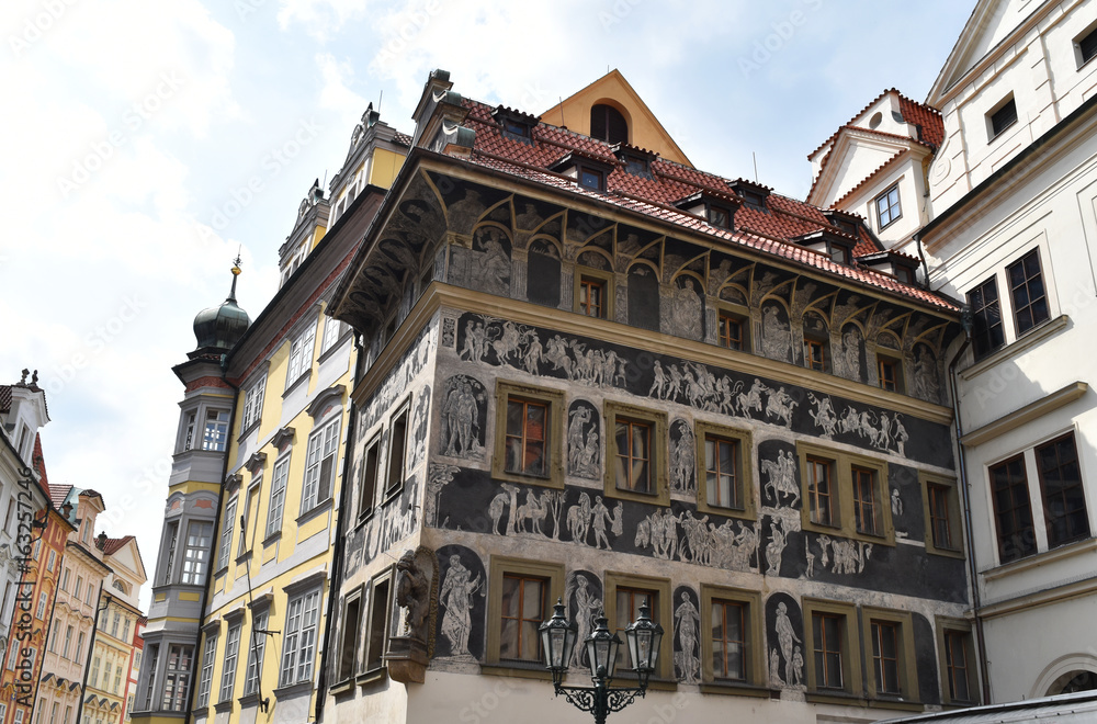 An ancient painted house in Old Town Square in Prague, Czech Republic