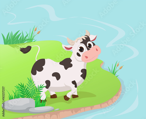 illustration of Cartoon cow standing on grass