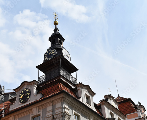 The clock tower of the High Synagogue in Prague, Czech Republic. Copy space.
