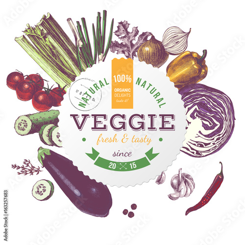 Veggie round emblem with hand drawn vegetables