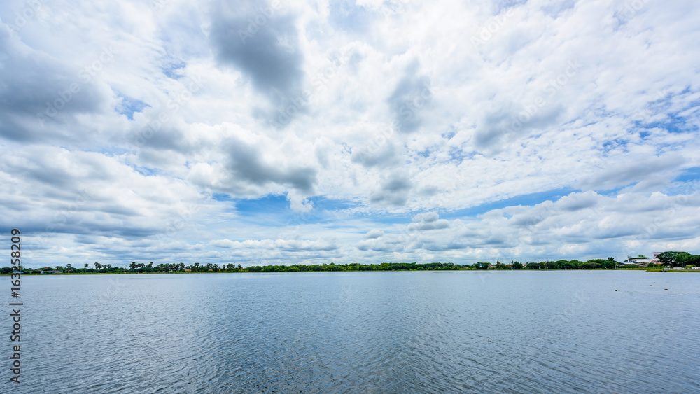 Lake landscape under blue cloudy sky