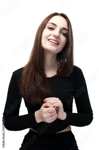 Photos Half-length portrait of beautiful smiling woman with long hear and brown eyes in