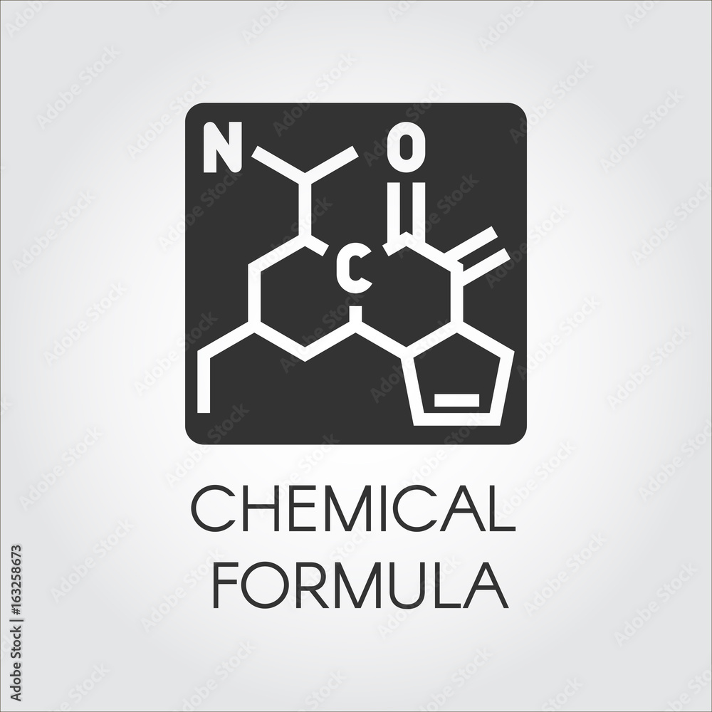 Black icon of chemical formula in flat style. Medicine, science, biology, chemistry theme. Vector label