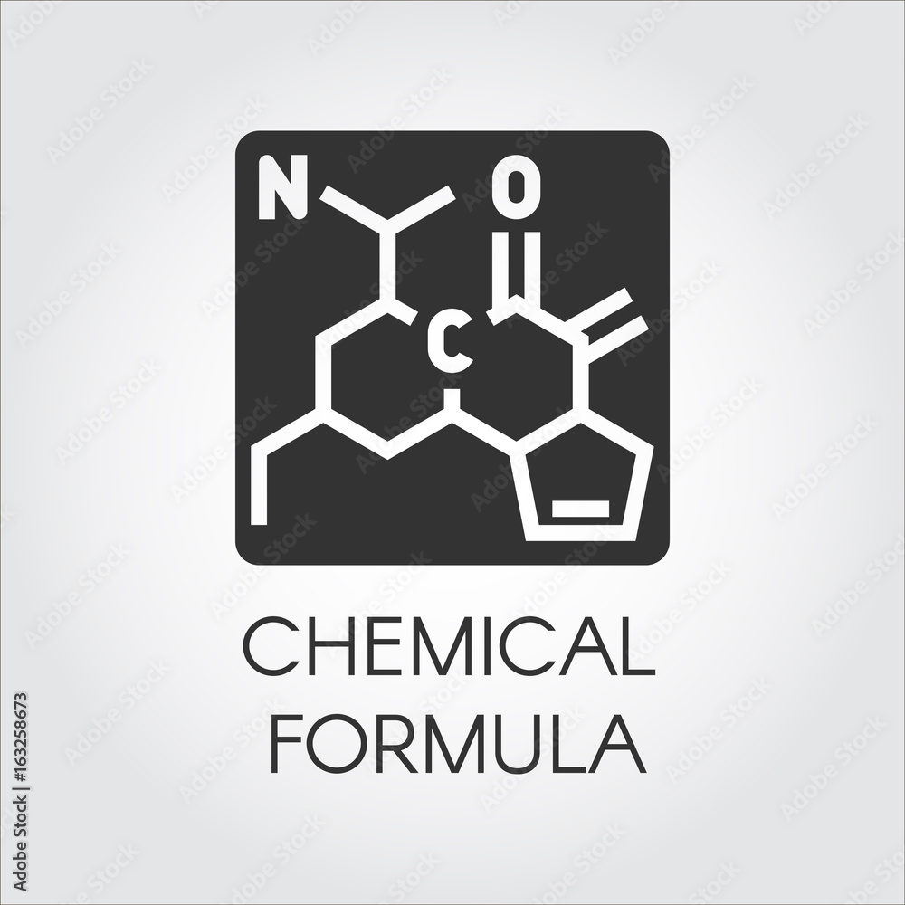 Black icon of chemical formula in flat style. Medicine, science, biology, chemistry theme. Vector label Black icon of chemical formula in flat style. Medicine, science, biology, chemistry theme. Vector label