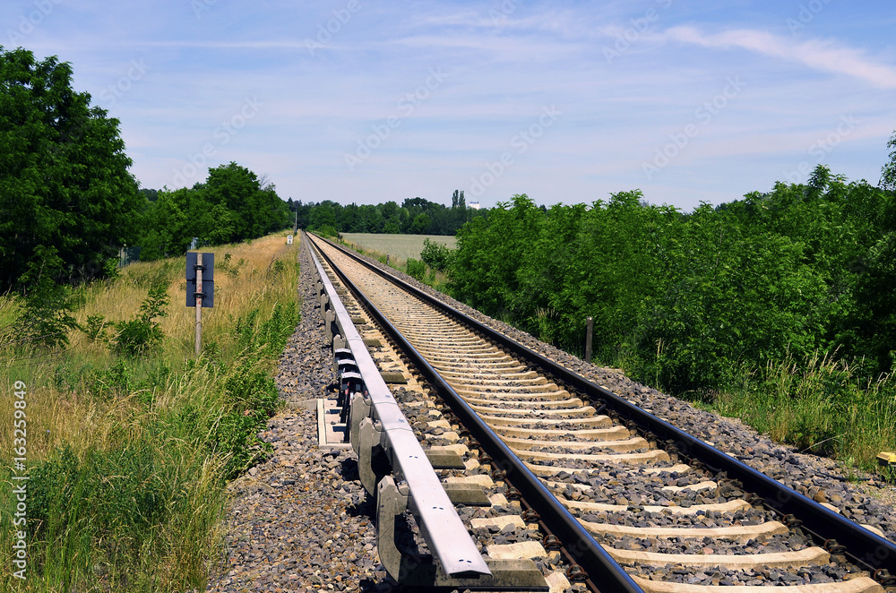 Railway between meadows and trees
