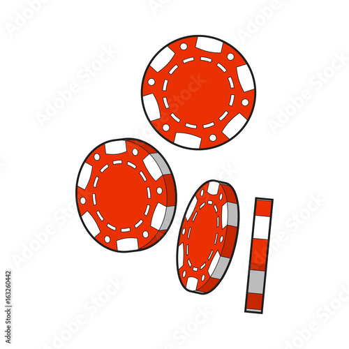 Set of falling red gambling, casino, poker chips, sketch style vector illustration isolated on white background. Gambling chips falling down on white background