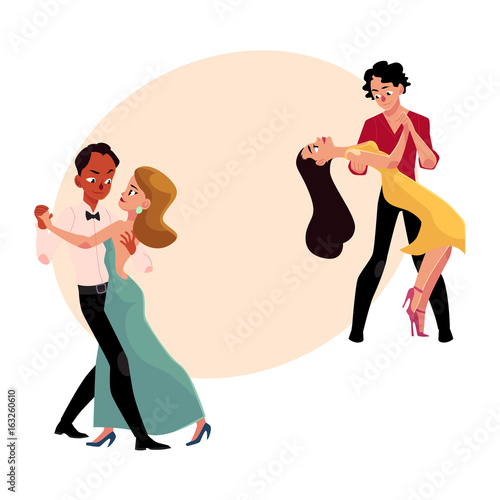 Two couples of professional ballroom dancers dancing, looking at each other, cartoon vector illustration with space for text. Two ballroom dance couples dancing tango, waltz, rumba