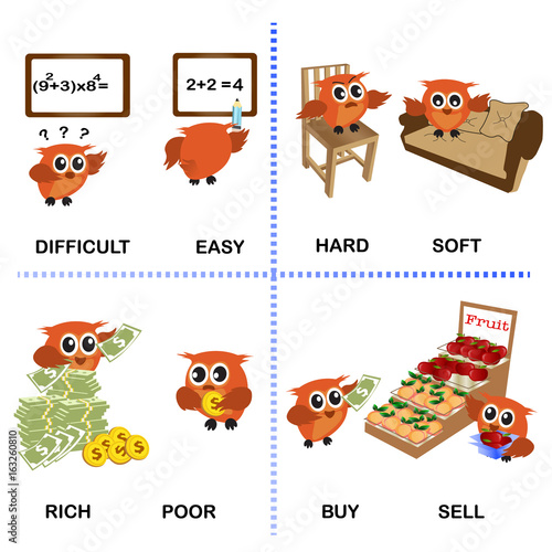 opposite word vector background for preschool (difficult easy hard soft rich poor buy sell) photo