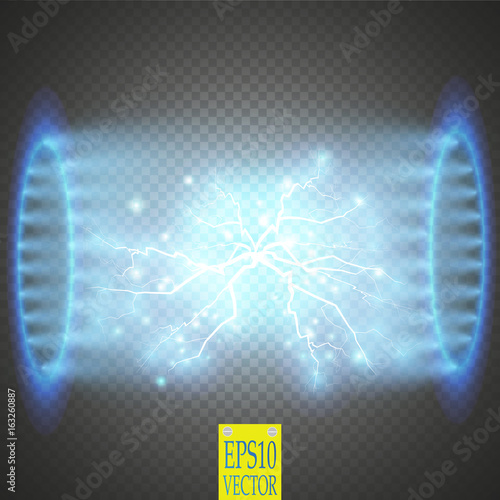 Round blue candles rays of a night scene with sparks on a transparent background.Beam stage. Magic portal of fantasy. Futuristic teleporter with lightning and energy
