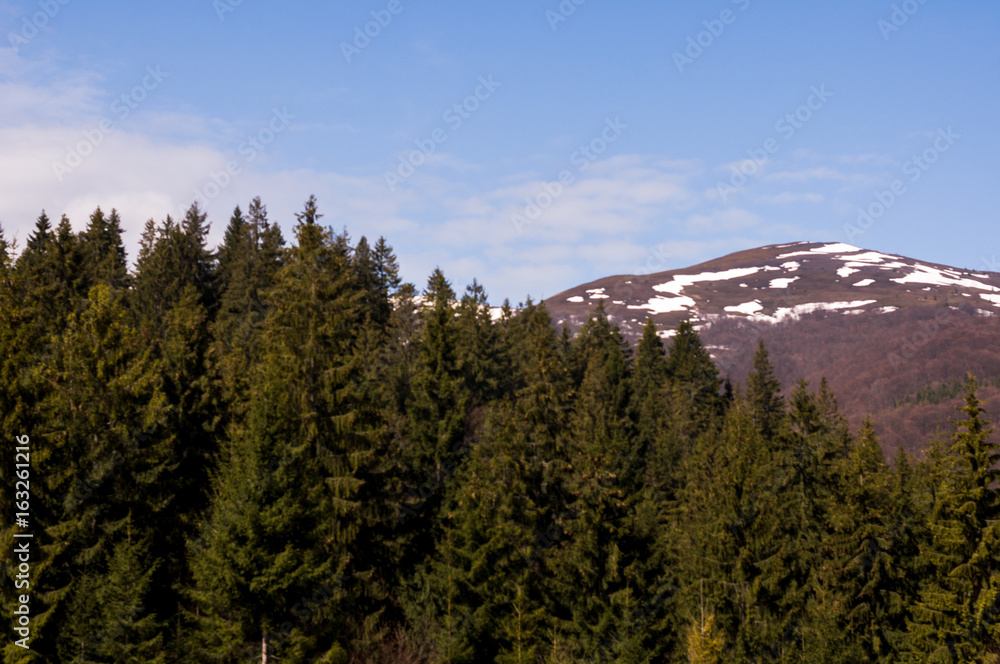 Beautiful mountain landscape, with mountain peaks covered with forest and a cloudy sky. Carpathian mountains, Europe Beautiful mountain landscape, with mountain peaks covered with forest and a cloudy sky. Carpathian mountains, Europe