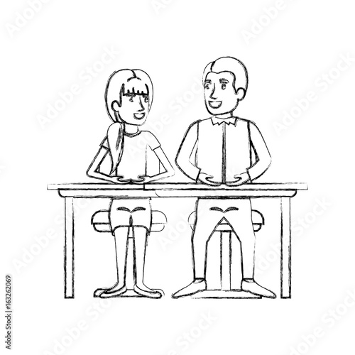 blurred silhouette teamwork of couple sitting in desk and woman with ponytail hair and man side parted hair in formal suit vector illustration