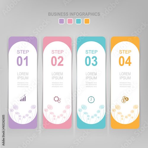 Infographic template of four steps on squares, tag banner, work sheet, flat design of business icon, vector