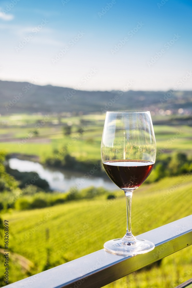 Single wine glass above vineyards, Piedmont, Italy