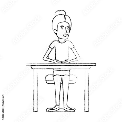blurred silhouette of woman with collected hair and sitting in chair in desktop vector illustration © grgroup