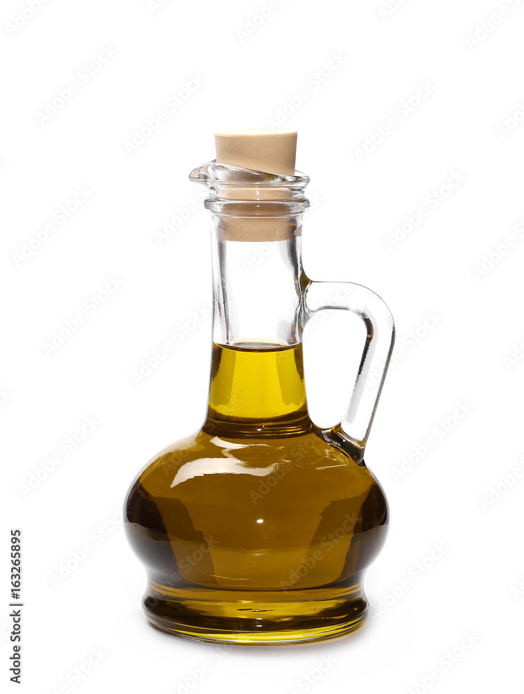 Glass bottle filled with olive oil isolated on white background Glass bottle filled with olive oil isolated on white background