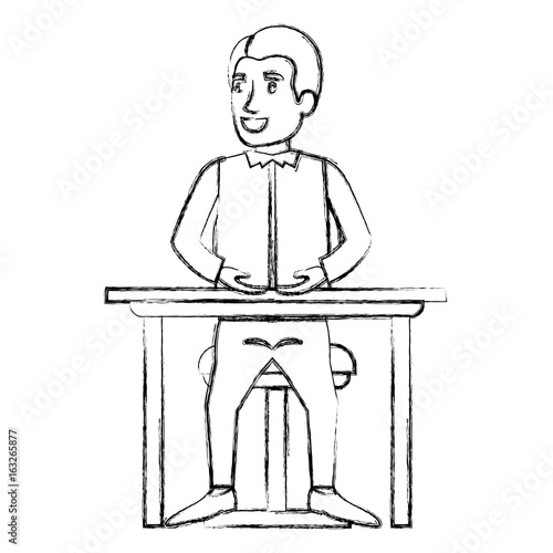 blurred silhouette of man in casual clothes and hair side parted and sitting in chair in desktop vector illustration