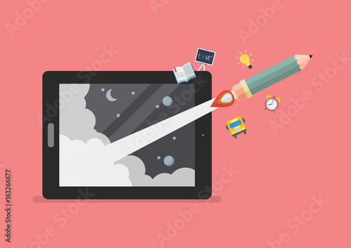 Pencil rocket launch out of computer tablet