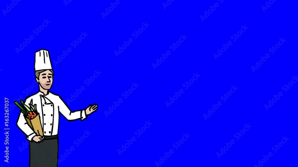 Animated Character Chef or Cook stands in the foreground and says, curve contour, blue screen Animated Character Chef or Cook stands in the foreground and says, curve contour, blue screen