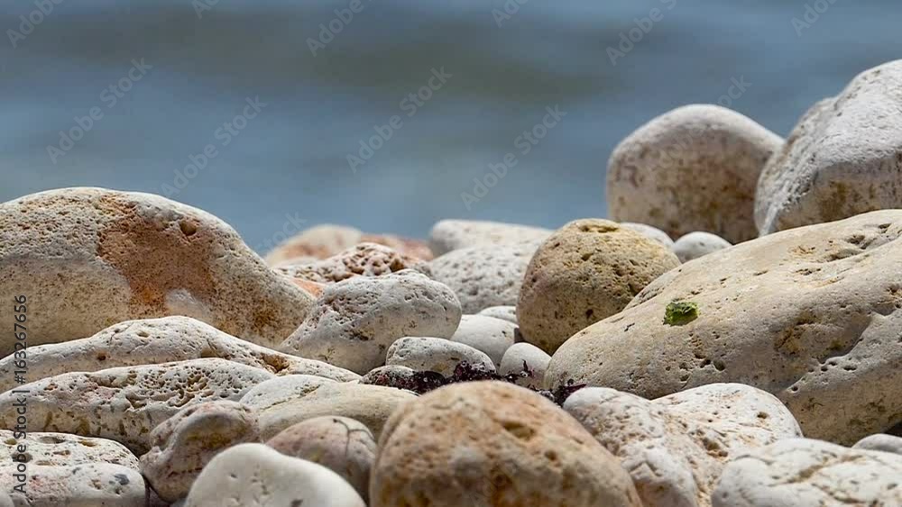 Sea pebbles closeup on a background of sea waves. Slow motion sea waves. Sea pebbles closeup on a background of sea waves. Slow motion sea waves.