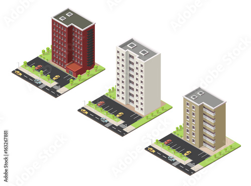 Big set Vector isometric illustration city street house facades landscape.