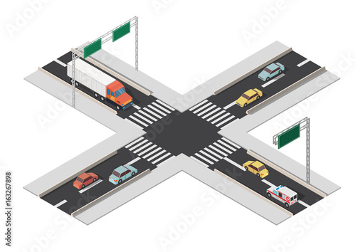 Isomertic city intersection road markings vector illustration. 
