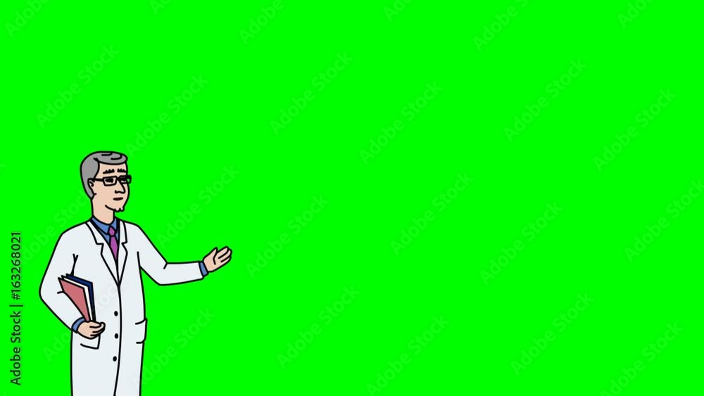 Animated Character Doctor or Medic stands in the foreground and says, smooth contour, green screen Animated Character Doctor or Medic stands in the foreground and says, smooth contour, green screen