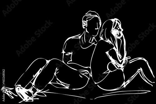 sketch of a young man and girl sitting on a mat in the park