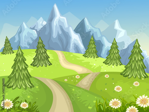 Green field with mountains hills and pine tree