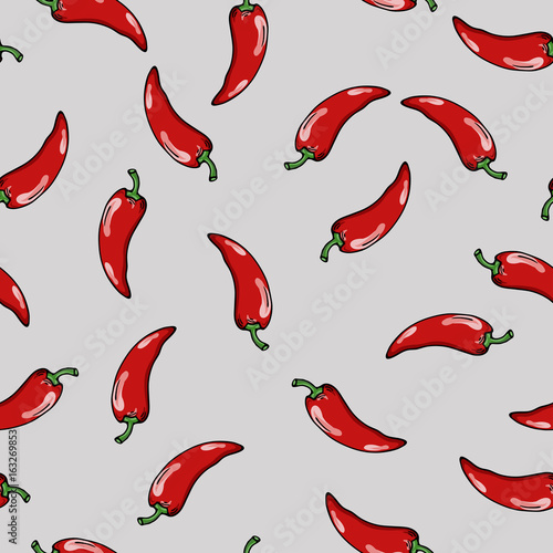 Seamless pattern with red chili on pastel grey background. Hand drawn vector illustration.