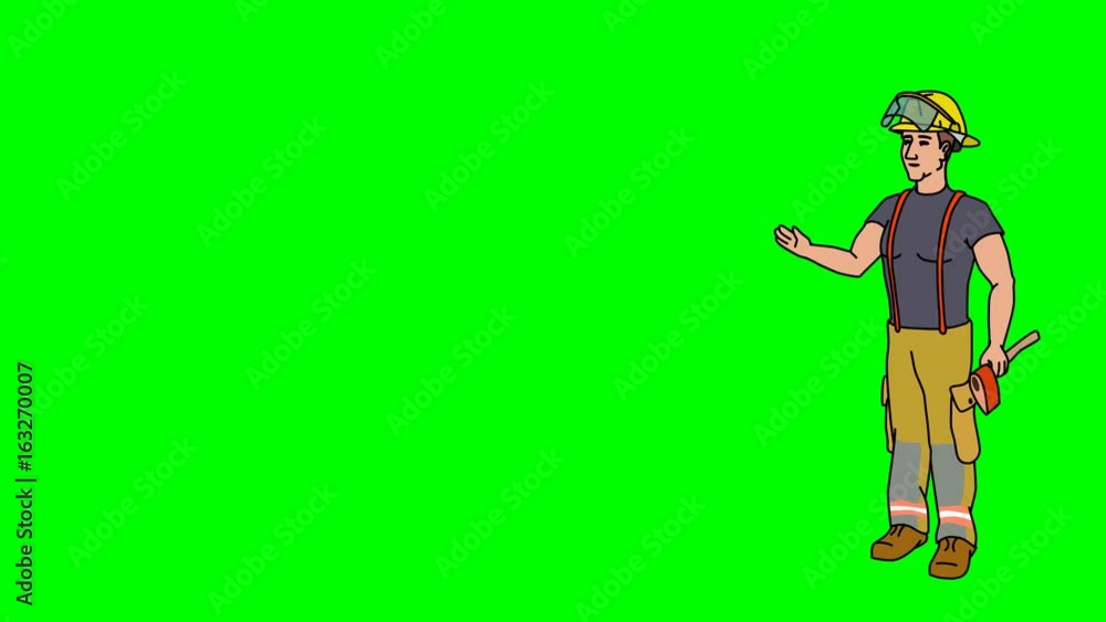 Animated Character Fire fighter or Rescuer stands in full growth and says, smooth contour, green screen Animated Character Fire fighter or Rescuer stands in full growth and says, smooth contour, green screen