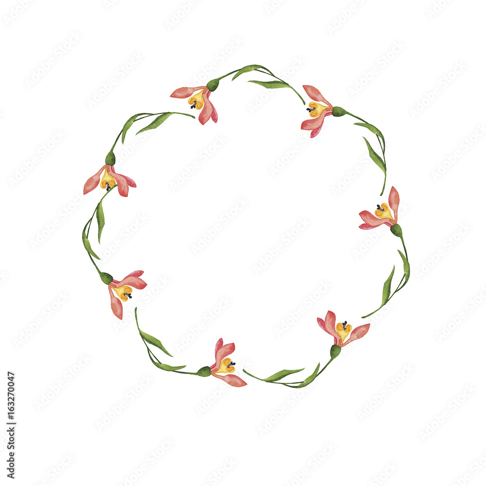 Pink spring flowers in a shape of circle. Hand drawn watercolor vector illustration.