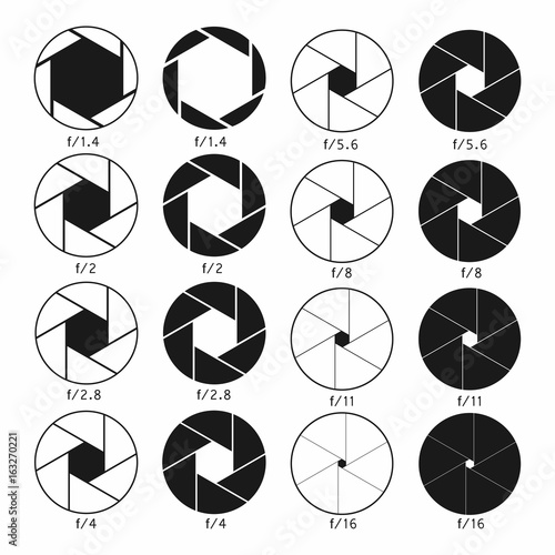 Camera shutter aperture icons set. Monochrome diagrams collection