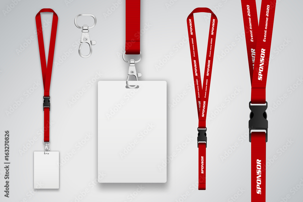 Set of lanyard and badge. Template for presentation of their design. Realistic vector illustration. - obrazy, fototapety, plakaty 