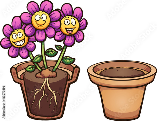 Cartoon flowers with visible roots and flower pot. Vector clip art illustration with simple gradients. Some elements on separate layers.