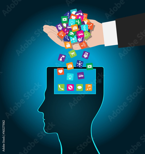 Hand loads icons head. Mobile apps installed into the brain, replacing the mind