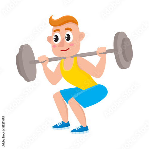 Young man squatting with barbell, doing sport exercises in gym, cartoon vector illustration isolated on white background. Cartoon man, guy squatting with barbell, weightlifting, bodybuilding in gym