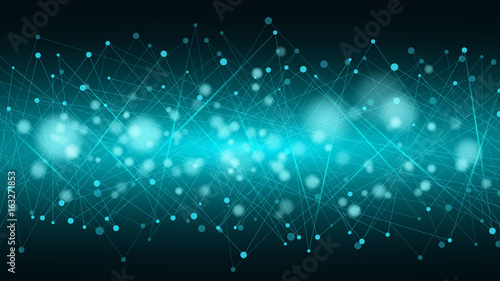 Abstract futuristic background of connected lines and dots. The glowing neon lines are blue. Movement of elements. Plexus style. New technologies