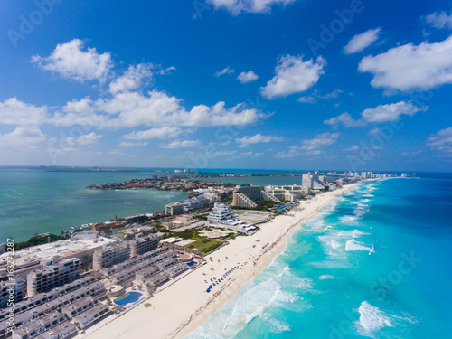 Drone View of Cancun Mexico- Beautiful daytime view of water and land © Phillip