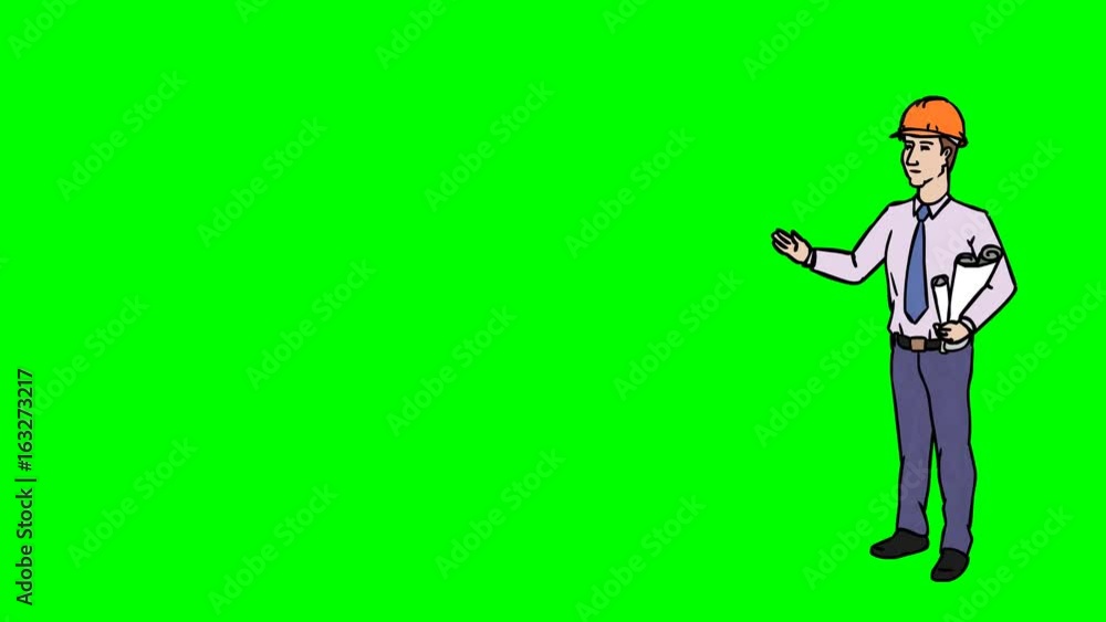 Animated Character Builder or Architect stands in full growth and says, curve contour, green screen Animated Character Builder or Architect stands in full growth and says, curve contour, green screen