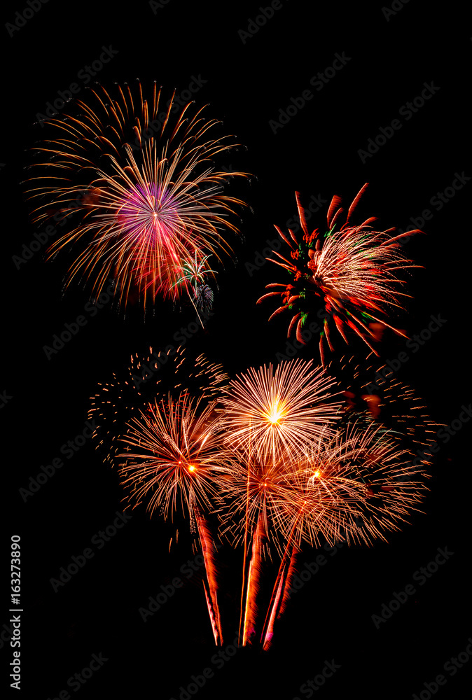 beautiful colorful firework isolated display for celebration happy new year and merry christmas on black isolated background, fireworks father day