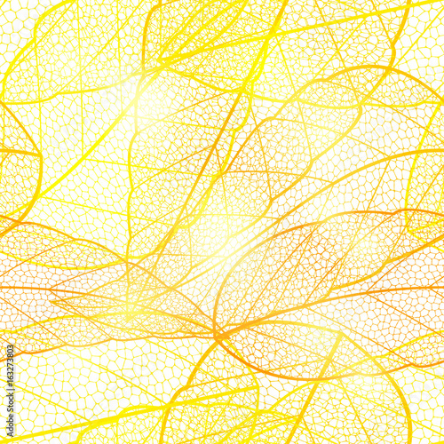 Seamless bright golden autumn leaf background. Glittering golden shimmering bright pattern with leaves