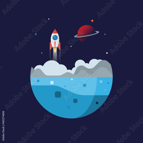 Icon space ship starting up in the sky.