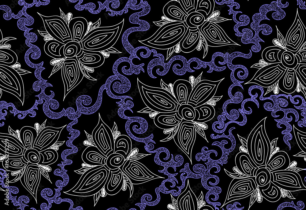 Abstract decorative floral seamless pattern with ornamental flowers with lacy petals and colored curling figured lines