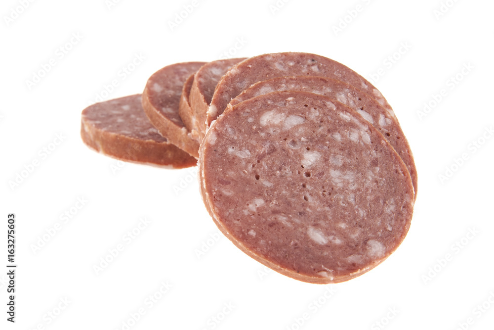 Salami slices isolated on white background Salami slices isolated on white background