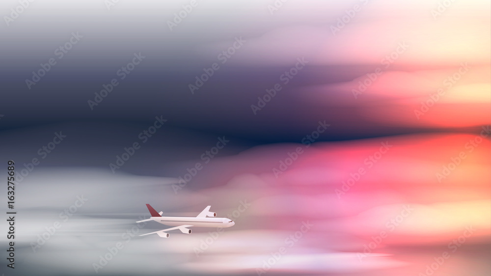 Aeroplane Flying in Clouds at Sunset or Dawn - Vector Illustration