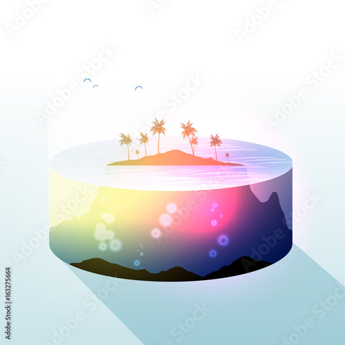 Tropical Island with Palm Trees Water Slice and Underwater View - Vector Illustration
