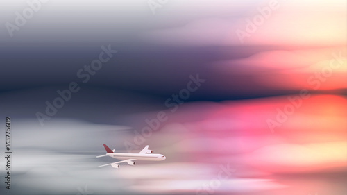 Aeroplane Flying in Clouds at Sunset or Dawn - Vector Illustration